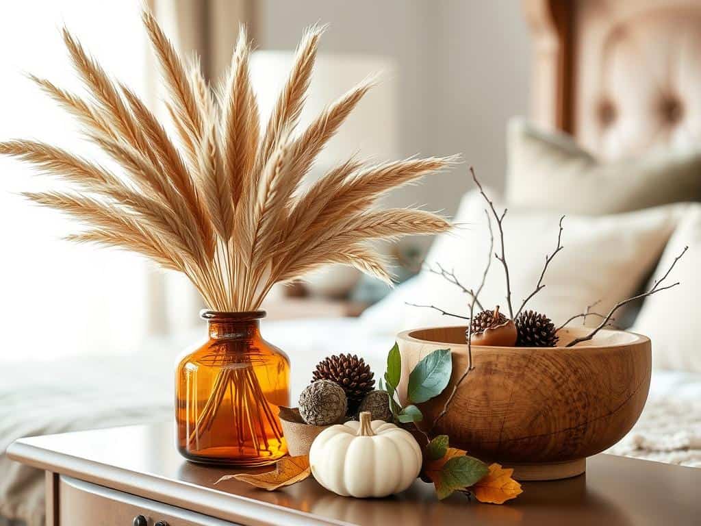 Natural fall elements styled in a bedroom including dried wheat in amber glass vase and wooden bowl with pinecones