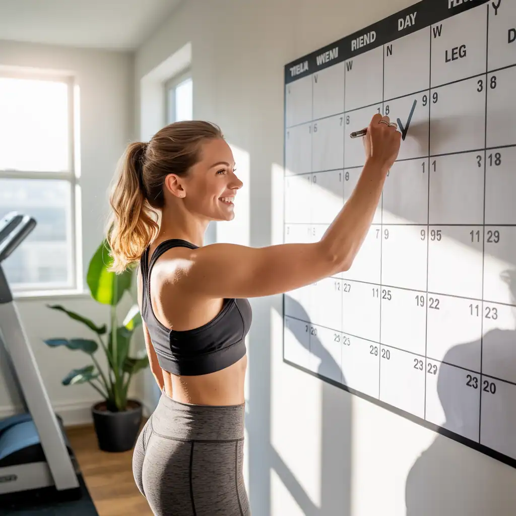 Person checking off completed workout on calendar for home strength training