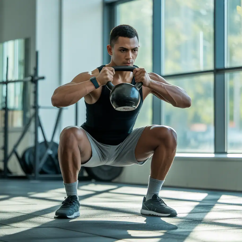 Person performing a goblet squat with proper form using a kettlebell