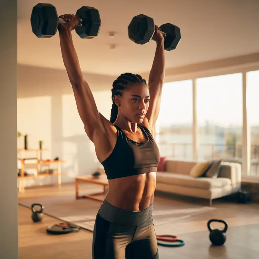 Person performing a home strength training circuit with dumbbells and kettlebells
