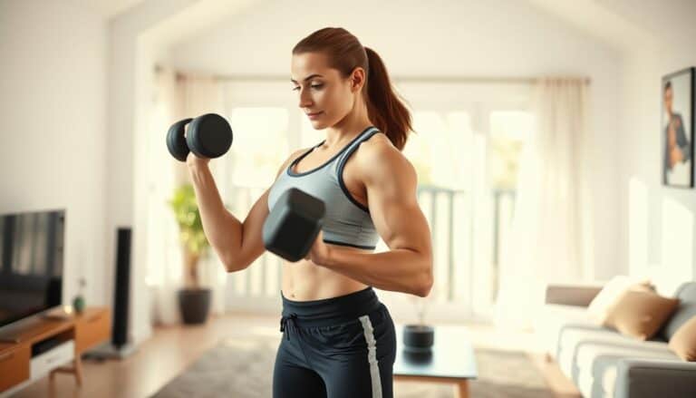 Person performing home strength training with dumbbells in living room