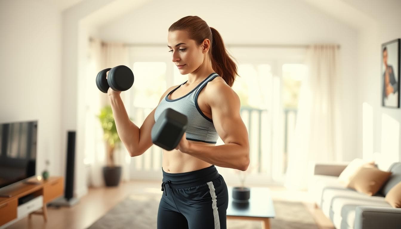 Person performing home strength training with dumbbells in living room