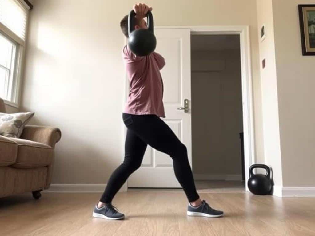 Person performing kettlebell swing with proper form for home strength training