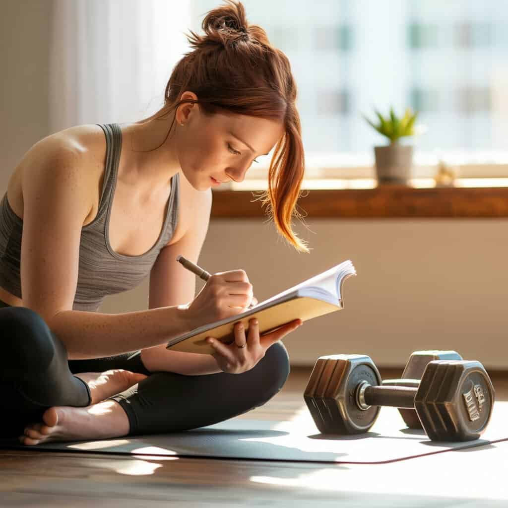 Person tracking workout progress in journal next to dumbbells