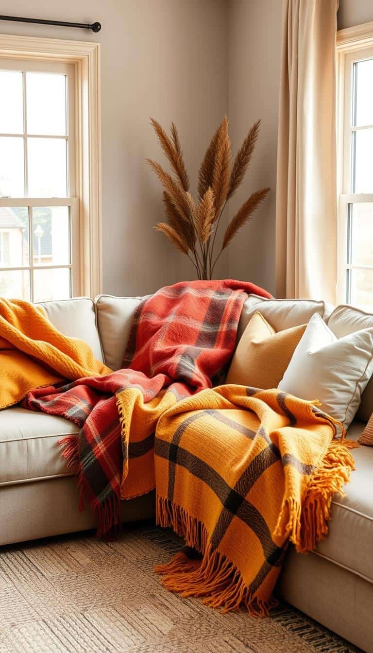 Plaid throw blankets and pillows in fall colors arranged on a neutral sofa