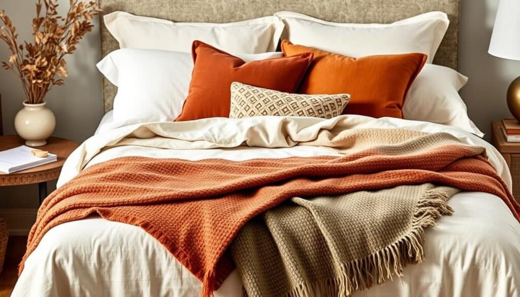 Professionally styled fall bed with layered linens including flannel sheets, quilt, and multiple textured throws and pillows