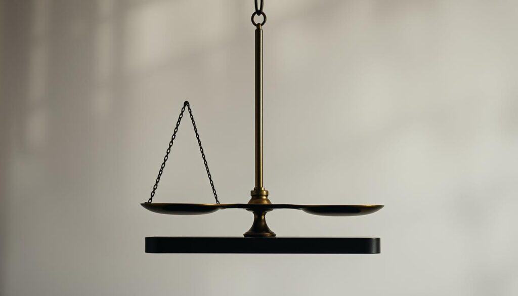 Prompt A balanced scale symbolizing employee performance feedback, suspended in a thoughtful, introspective atmosphere. The scale's left side leans slightly heavier, representing the disproportionate focus on negative aspects. Muted lighting casts soft shadows, creating a contemplative mood. The background is a blurred, neutral palette, directing attention to the central metaphor. The scale's design evokes a sense of careful evaluation, inviting the viewer to consider the importance of balanced, constructive feedback.