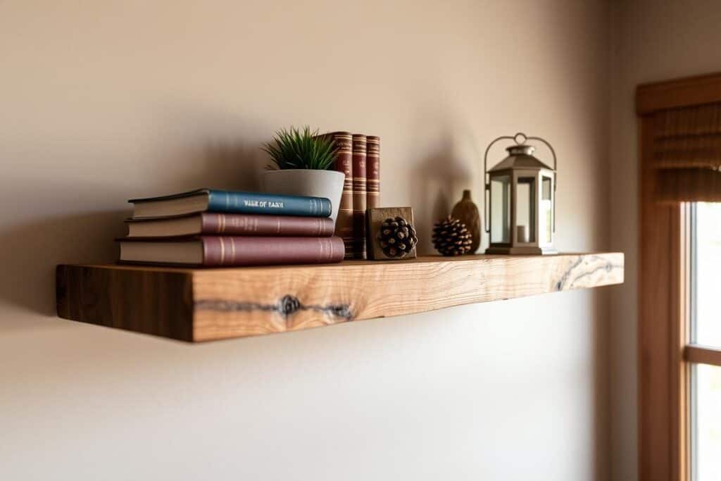 Raw wood floating shelf with cabin decor items showing cozy cabin aesthetic styling