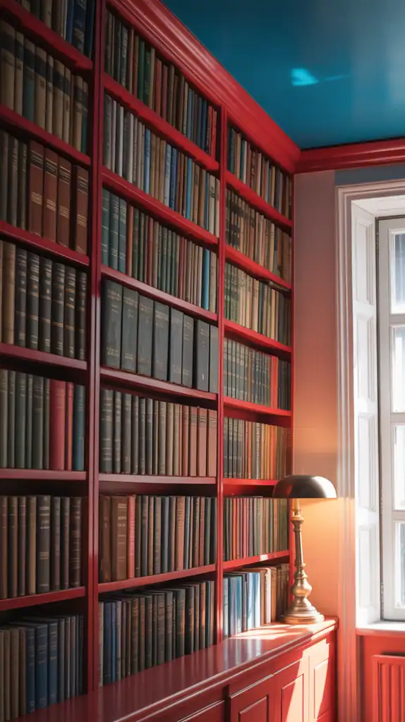 Red bookshelves against white walls and blue ceiling creating a bold color contrast
