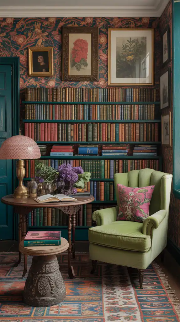 Richly layered library with patterned wallpaper, colorful books, artwork, and mixed textiles