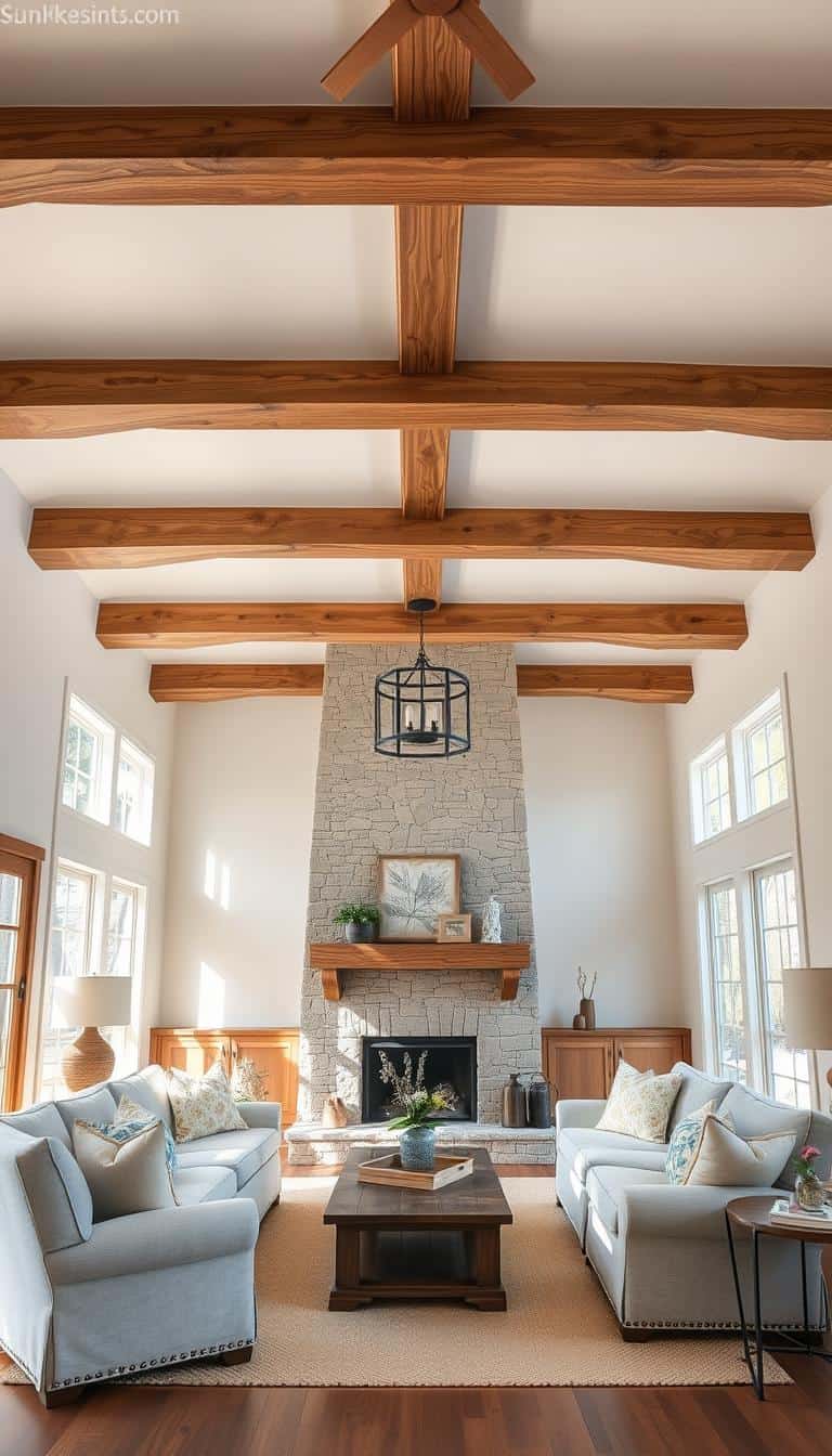 Rustic farmhouse living room with exposed wooden ceiling beams, neutral furniture, and natural light