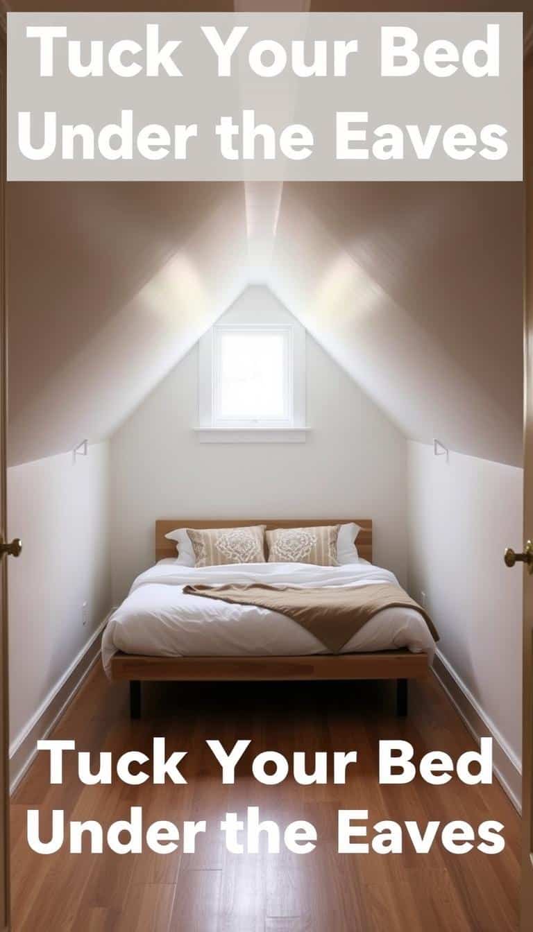 Small attic bedroom with bed tucked under sloped ceiling eaves
