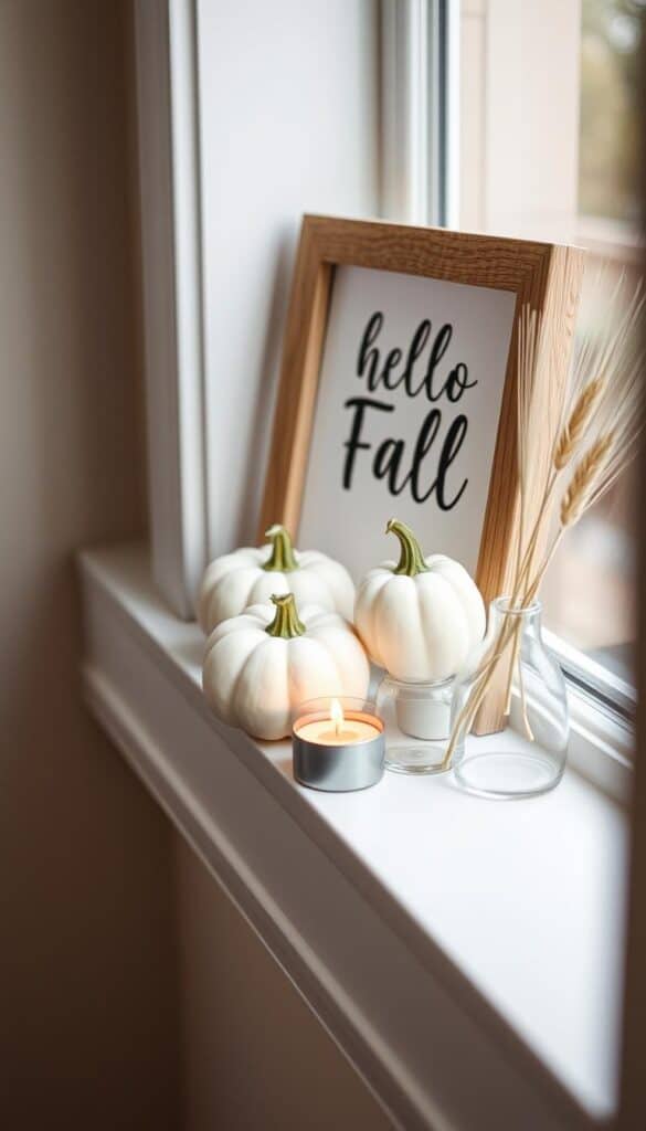Small fall vignette with mini pumpkins and a framed fall quote