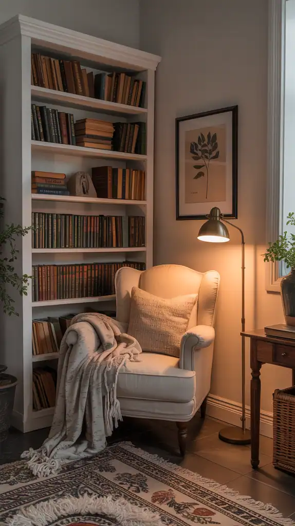 Small reading nook with white bookshelf, vintage armchair, moody lighting, and cozy blanket