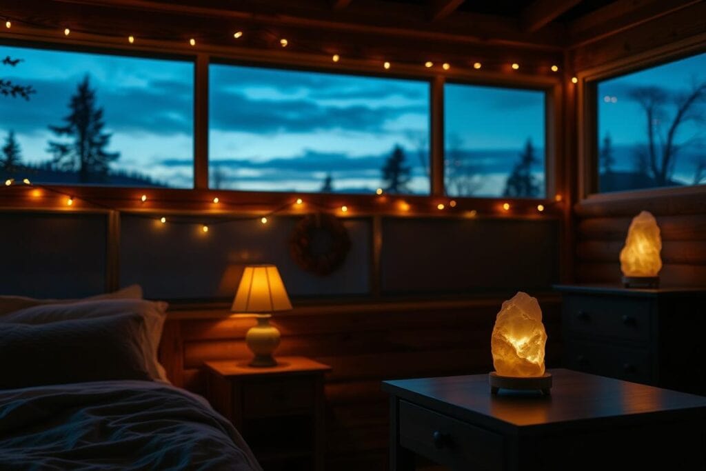 Soft ambient lighting with string lights and lamps creating cozy cabin aesthetic in a bedroom