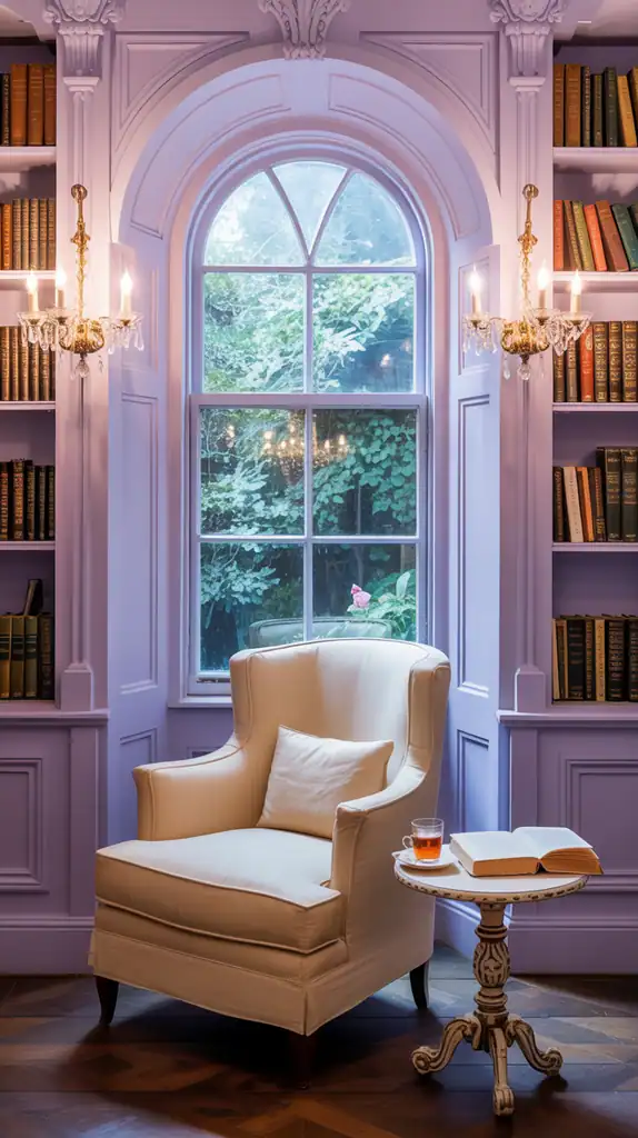Soft lilac library with white shelving, comfortable seating, and delicate lighting fixtures