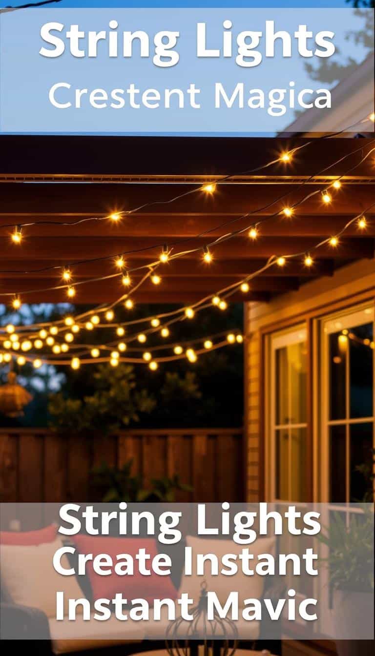 String lights hanging over a cozy patio creating a warm evening ambiance