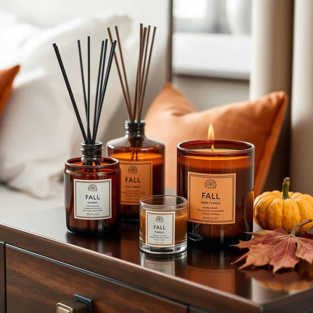 Stylish fall-scented candle and diffuser arrangement on a bedroom nightstand