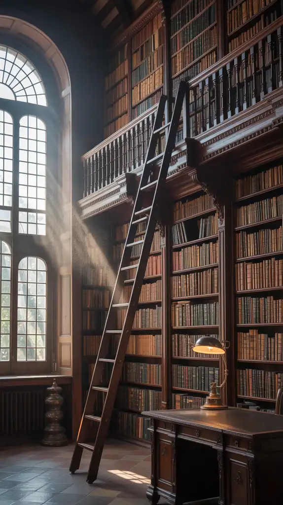 Tall library with sliding ladder providing access to upper shelves, classic styling with modern touches
