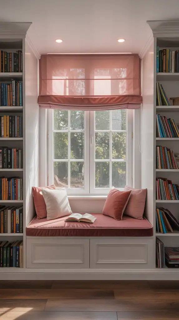 Window seat reading nook with built-in bookshelves on both sides and a cozy pink cushion