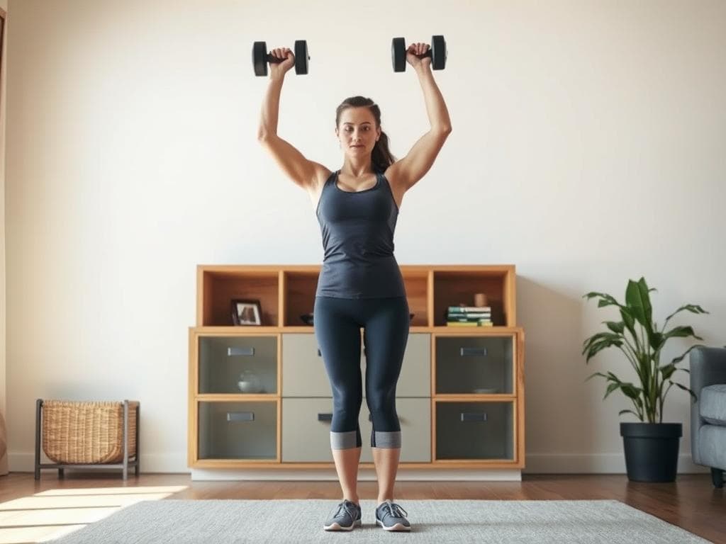 Woman performing dumbbell overhead press for home strength training