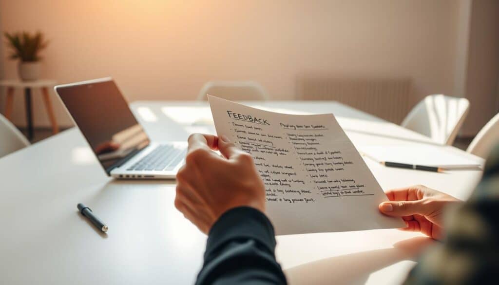 a wide table in a bright, minimalist office setting, with a laptop, pen, and paper arranged neatly on its surface. A person's hands are shown, holding a sheet of paper with handwritten notes and bullet points, providing constructive feedback to an unseen colleague. The lighting is warm and natural, creating a sense of productivity and collaboration. The background is blurred, keeping the focus on the feedback process. The overall mood is one of professionalism, clarity, and a desire to help improve performance.