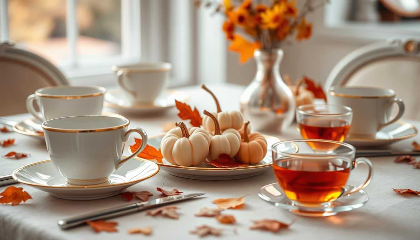 Elegant table setting with autumn harvest elements including mini pumpkins, gold accents, and fine china