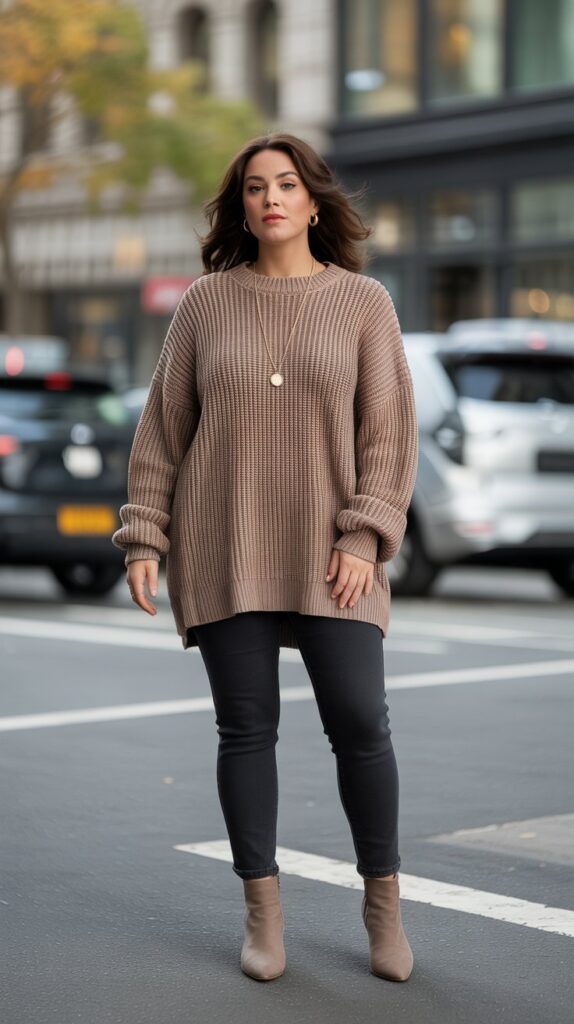 Curvy woman wearing oversized sweater tucked into skinny jeans with ankle boots and a necklace for a chic fall outfit