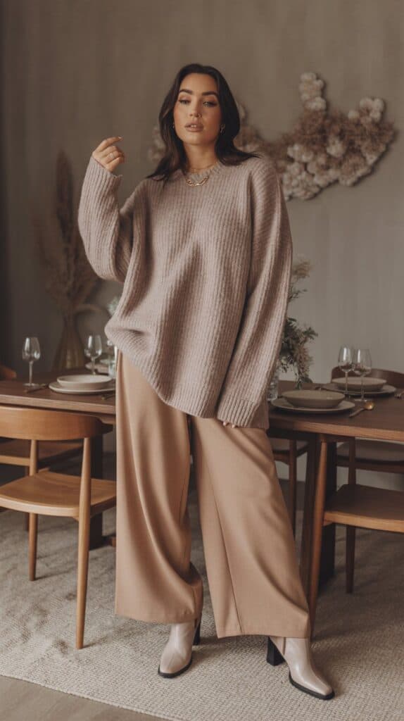 Monochrome oversized sweater with wide-leg trousers styled for an elegant curvy fall outfit
