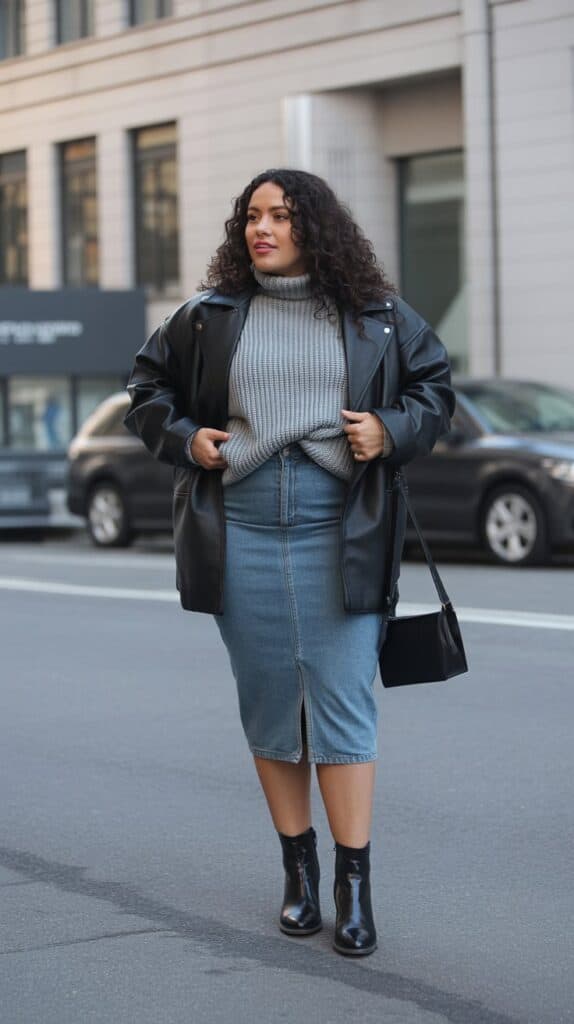 Curvy fall outfit with oversized sweater and denim midi skirt styled with ankle boots