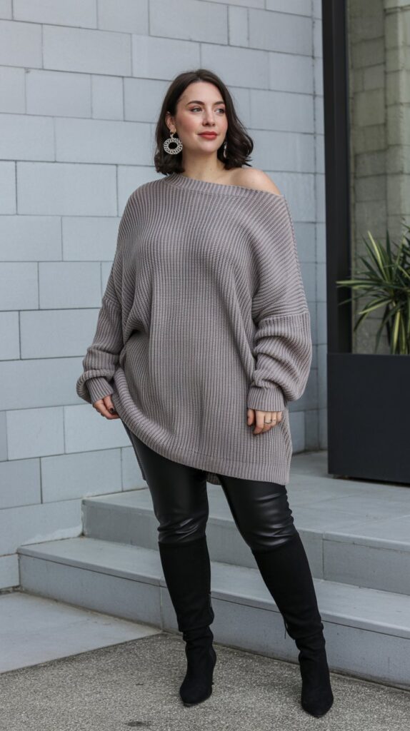 Oversized off-shoulder sweater with leggings and boots styled as a chic curvy fall outfit