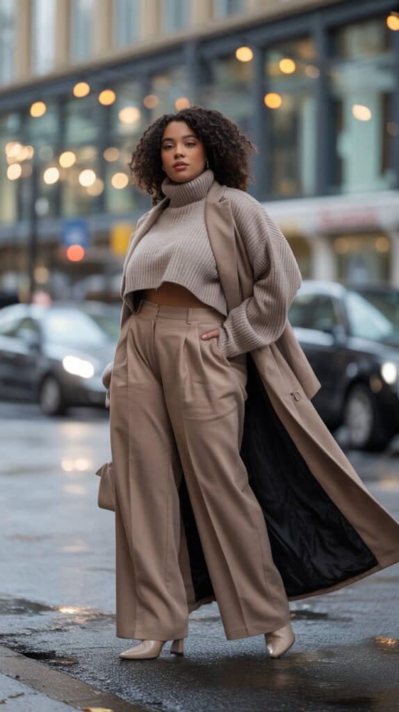 Cropped oversized sweater styled with high-waist pants for a sleek curvy fall outfit