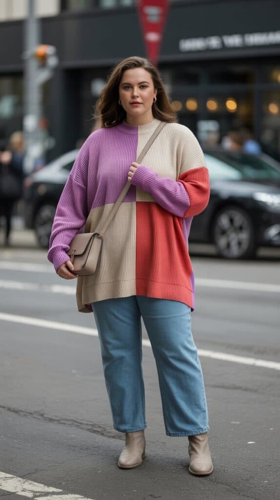 Color-blocked oversized sweater with jeans styled for a curvy casual fall outfit