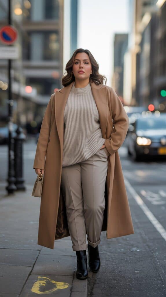 Oversized sweater layered with tailored coat styled for a chic curvy fall look