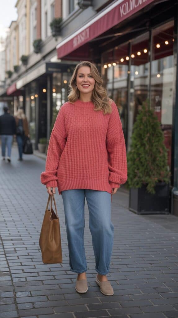 Statement oversized sweater styled with jeans for a cozy and casual curvy fall outfit