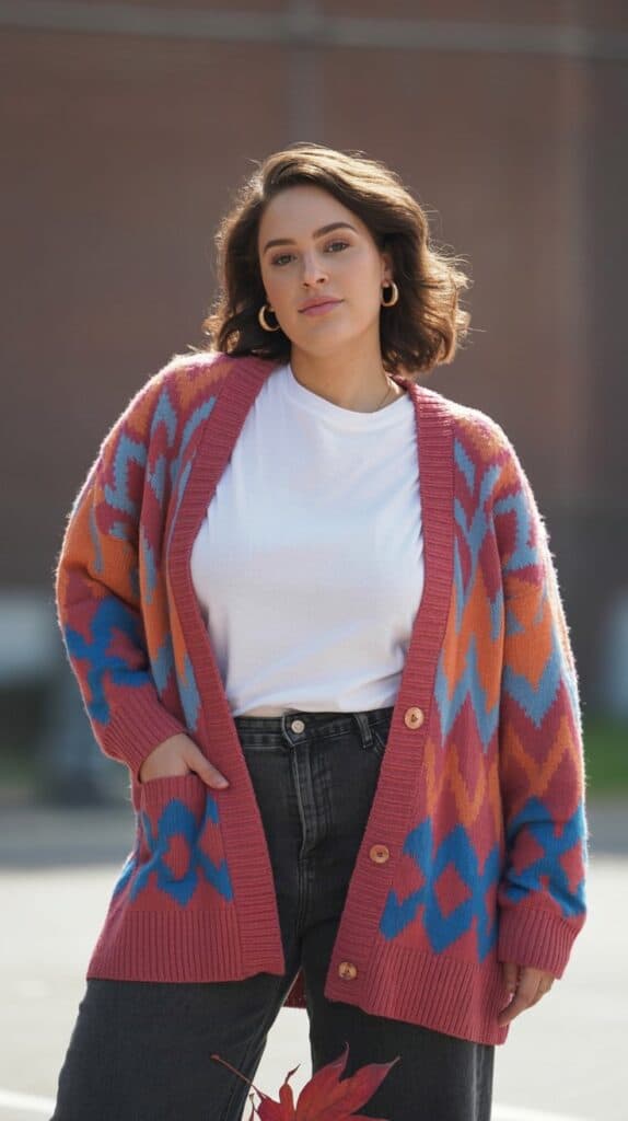 Curvy woman wearing a patterned statement cardigan with jeans and a tee for a casual fall look