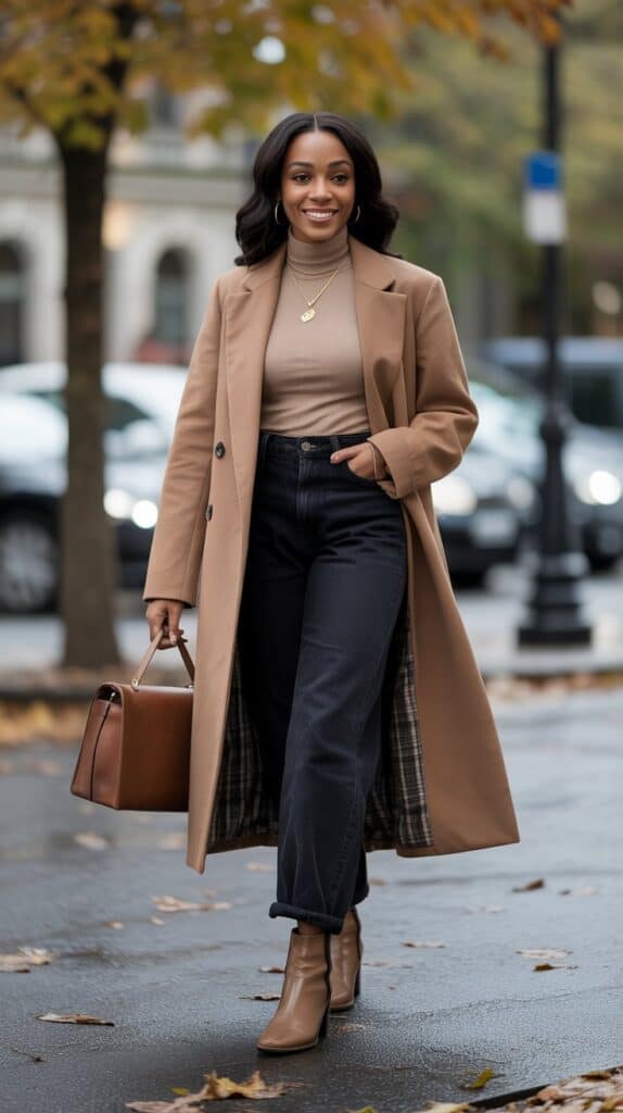 Black woman in a camel coat and high-waist jeans with gold jewelry, perfect fall city outfit