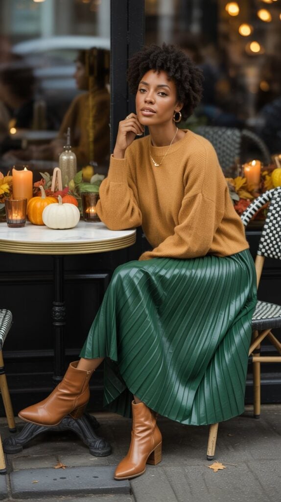 Black woman wearing a bold-colored sweater with a pleated midi skirt for a chic fall look