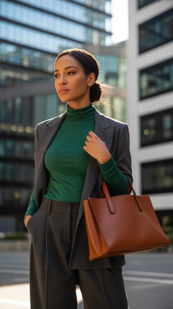 Black woman in jewel-tone turtleneck and wide-leg pants, business casual fall outfit