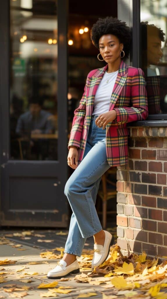 Black woman in plaid blazer with jeans and loafers, casual chic fall style