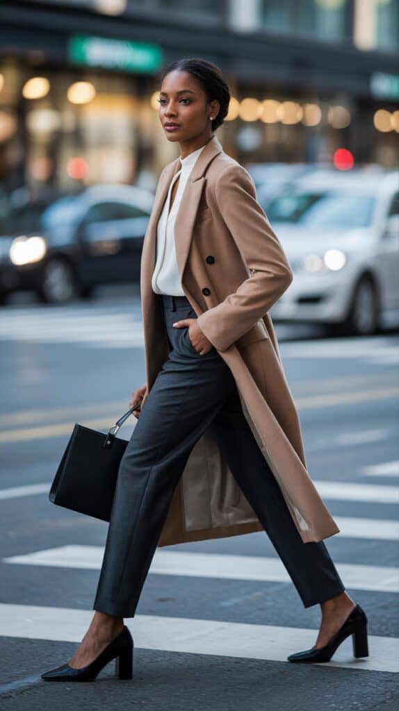 Black woman in camel coat and tailored pants, polished fall office look