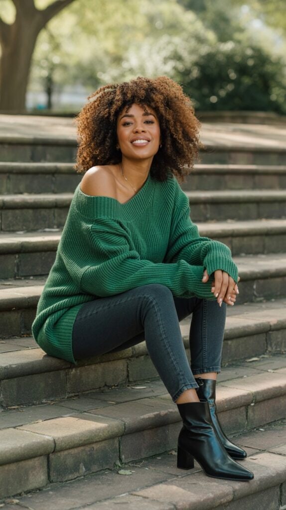 Black woman in off-shoulder knit sweater with jeans and booties, cozy fall style