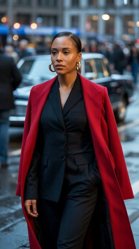 Black woman in red statement coat over monochrome outfit, striking fall look