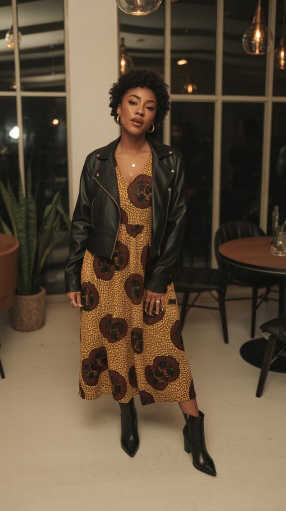 Black woman in bold print midi dress with boots and leather jacket, vibrant fall outfit