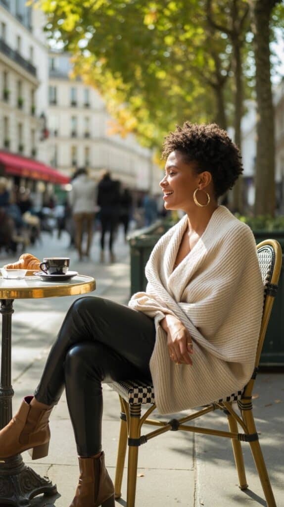 Black woman in knit poncho with faux leather leggings and ankle boots, relaxed fall outfit