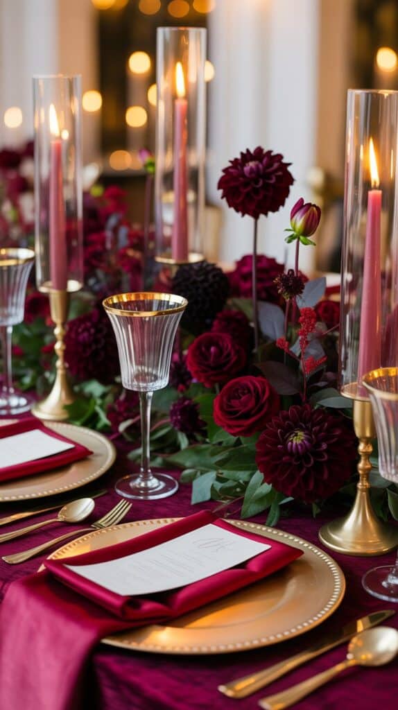Romantic fall wedding tablescape with burgundy linens, gold chargers, tall candles, and rich floral centerpiece
