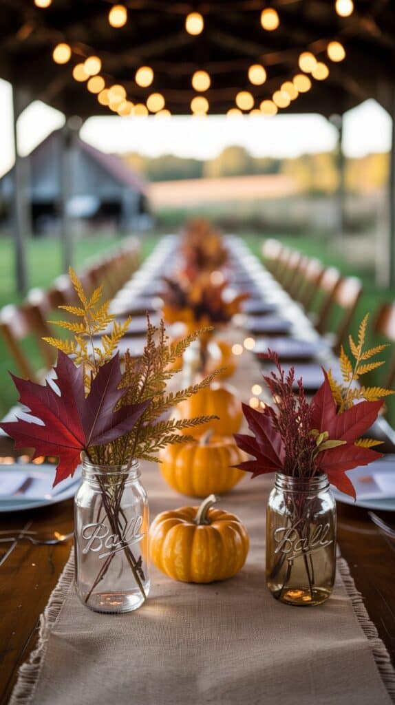 Rustic fall wedding table with burlap runner, mini pumpkins, mason jar centerpieces, and warm string lights