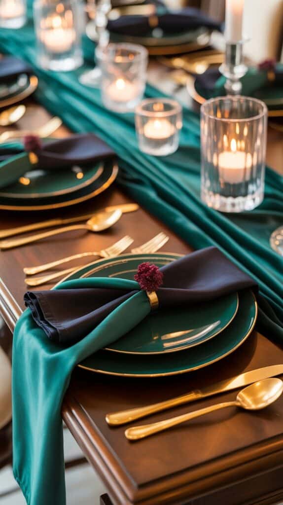 Jewel-toned fall wedding table featuring emerald, navy, and plum accents with gold cutlery and crystal candle holders