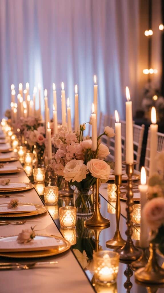 Romantic fall wedding table with glowing candles, mirrored runner, and blush floral arrangements