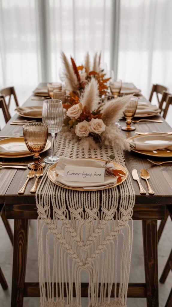 Boho fall wedding tablescape with pampas grass, macramé details, amber glassware, and layered textures